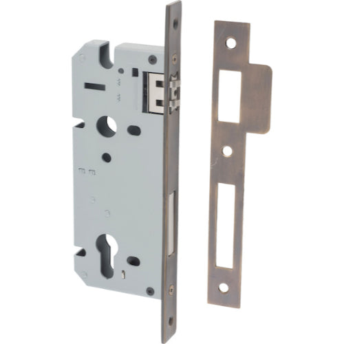 Iver Euro roller mortice lock 85mm CTC with 45mm backset, architectural hardware showing the lock mechanism and keyhole.