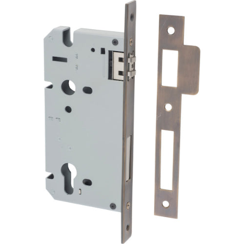 Iver Euro roller mortice lock 85mm CTC with 60mm backset, showing the black architectural hardware lock in close-up.