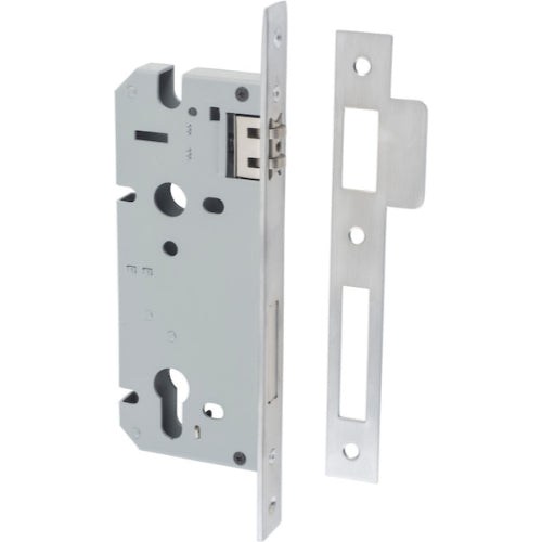 Iver Euro roller mortice lock with 85mm CTC and 45mm backset, featuring architectural hardware design for secure door installation.