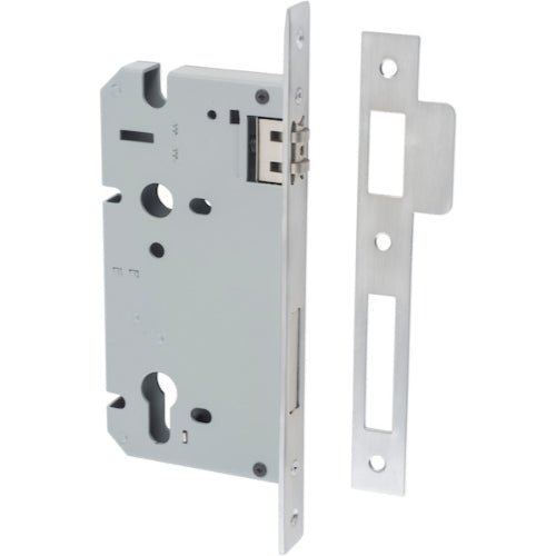 Iver Euro roller mortice lock with 85mm CTC and 60mm backset, showing the black architectural hardware lock and latch mechanism.