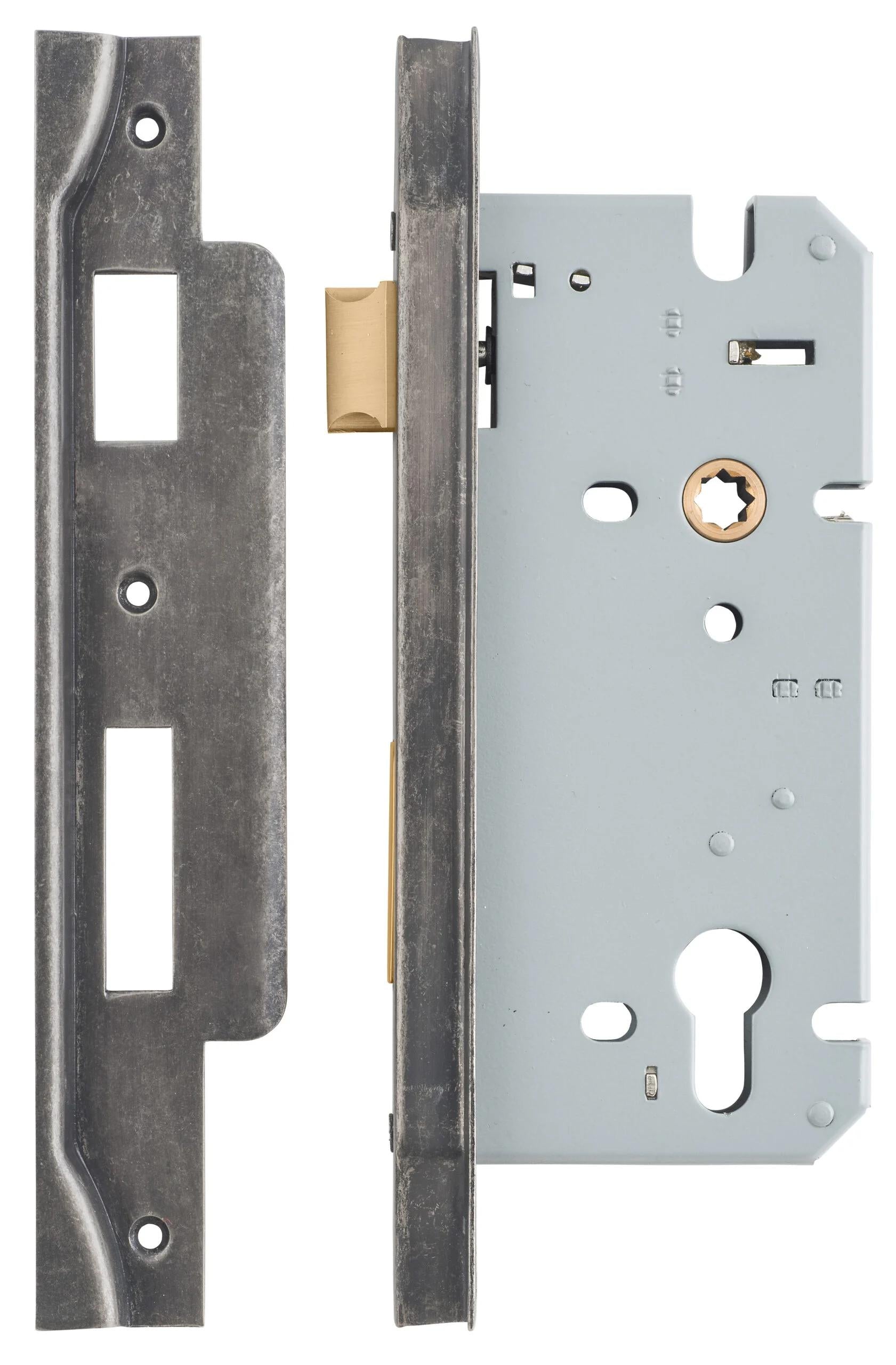 Mortice Lock Euro Rebated Distressed Nickel CTC85mm Backset 60mm in Distressed Nickel