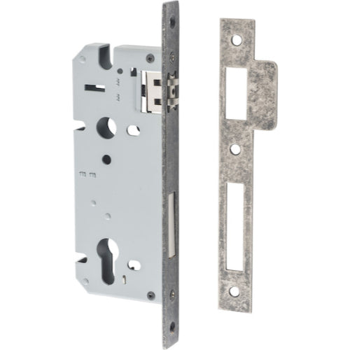 Iver Euro roller mortice lock with 85mm CTC and 45mm backset, showing the black metal lock case and keyhole for architectural hardware.