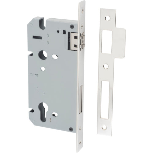 Iver Euro roller mortice lock with 85mm CTC and 45mm backset, showing the lock mechanism and keyhole details.