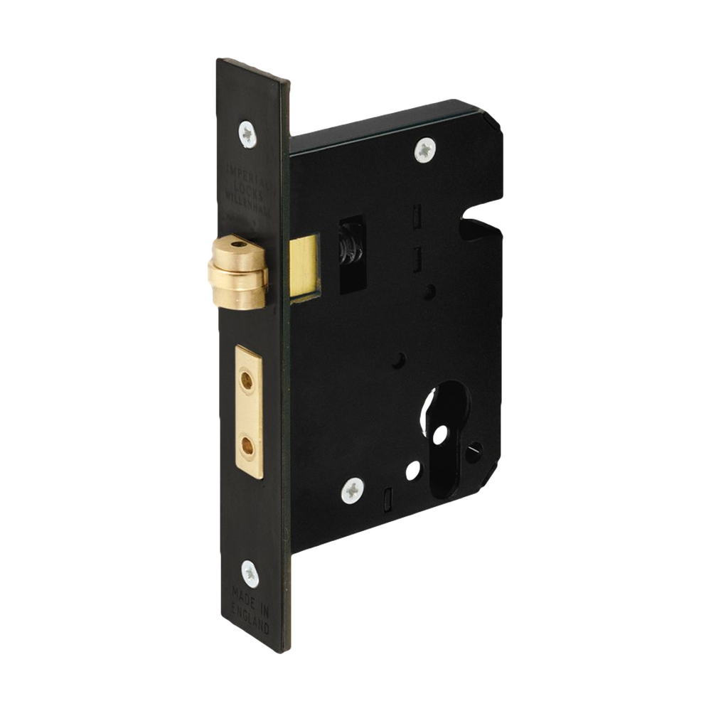 Black Zanda Roller Mortice Lock, heavy-duty architectural hardware for secure door fastening, shown in a close-up image.