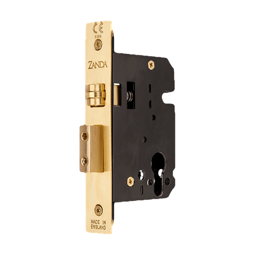 Zanda Heavy Duty Roller Mortice Lock showing the black architectural hardware with keyhole and latch components.