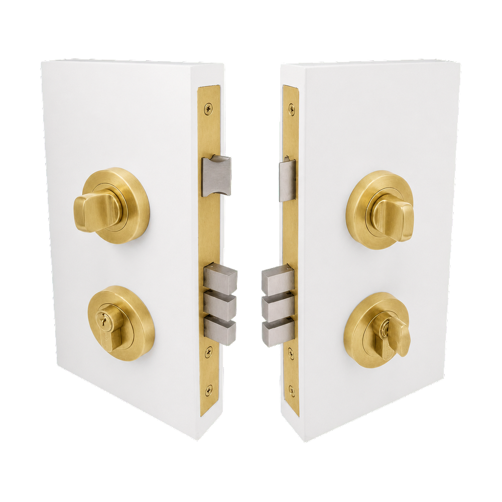 Round Double Turn Lock Kit - Includes Lock, Single Cylinder & Escutcheons in Satin Brass