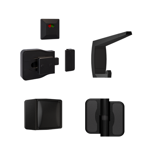 Moda Gravity Series Kit Designer Black - Contains: 3x Moda RH Gravity Hinges, 1x Moda Lock & Indicator Set, 1x Moda Hook, 1x Moda Bumper & Universal Screw Fixings in Designer Black