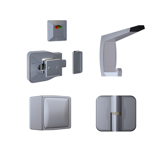Moda Spring Series Kit SCP - Contains: 3x Moda RH Spring Hinges, 1x Moda Lock & Indicator Set, 1x Moda Hook, 1x Moda Bumper & Universal Screw Fixings in Satin Chrome