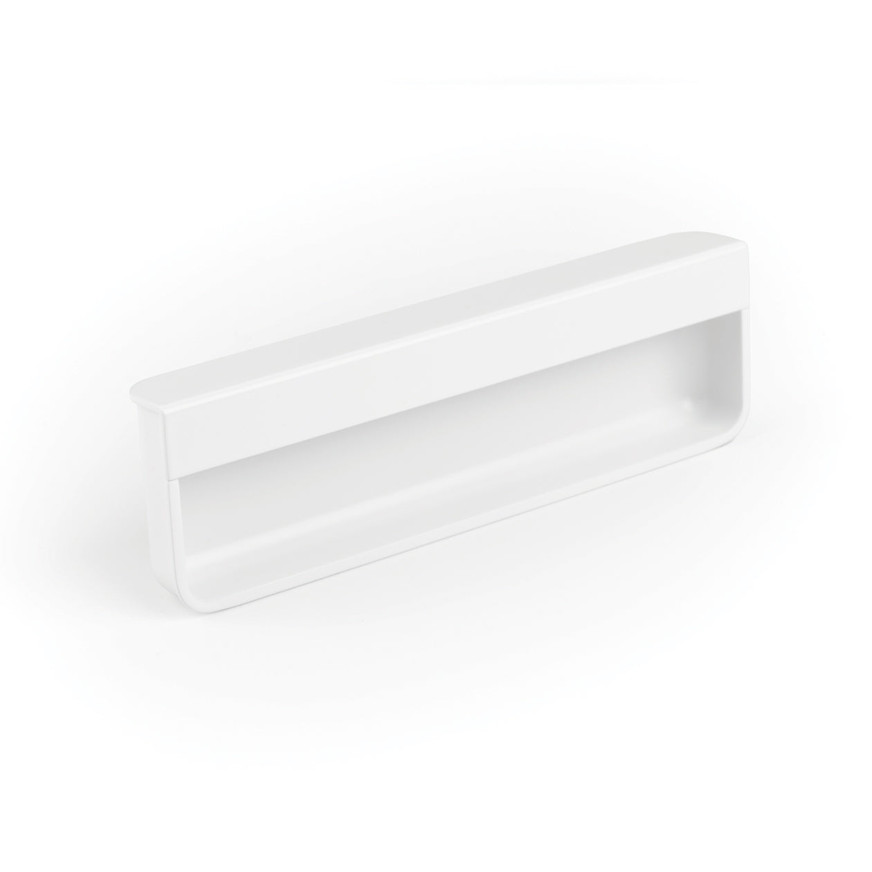 Momo MOULE Edge Flush Cabinet Pull in white with sleek, modern design showing smooth, edge-mounted handle on cabinet surface.
