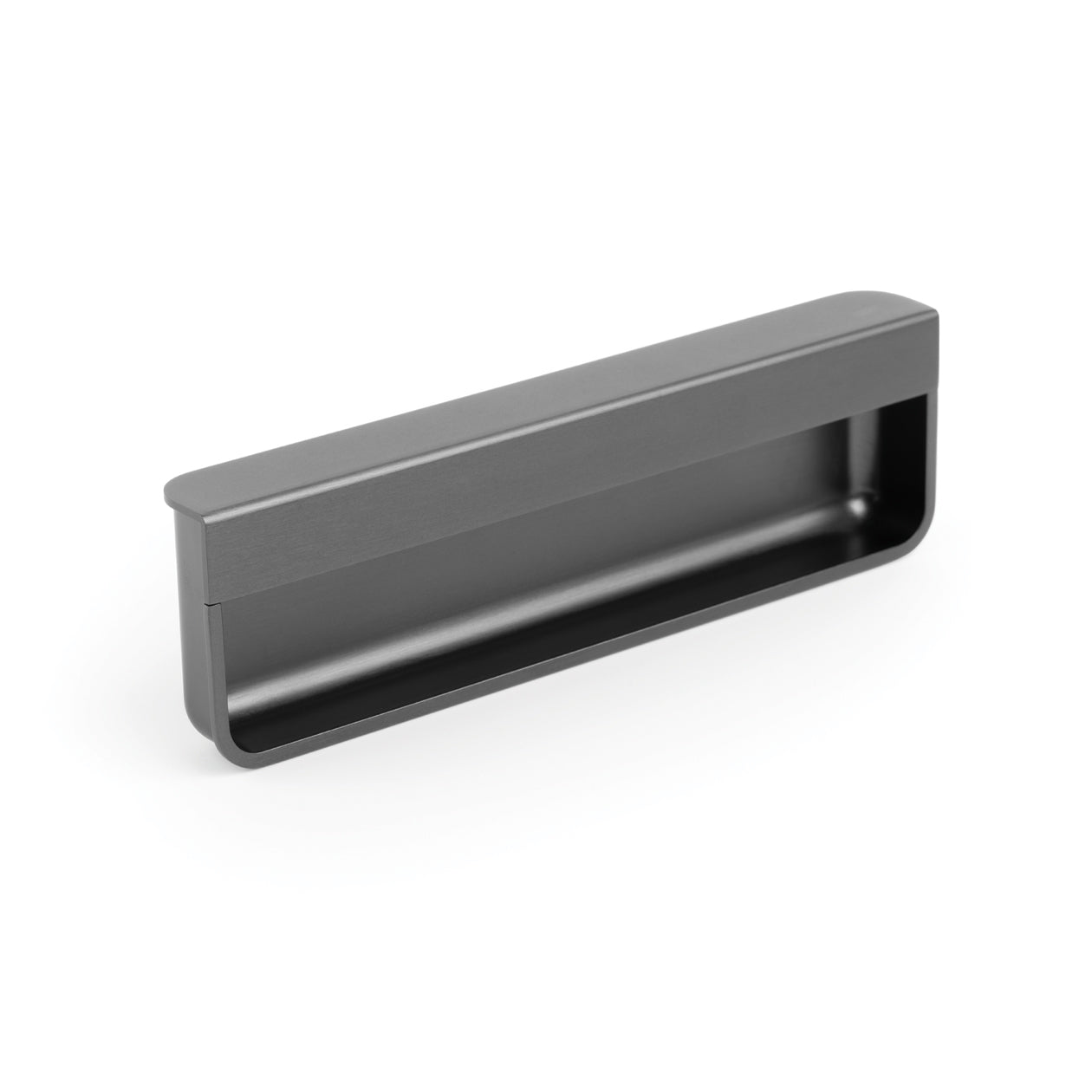 Momo MOULE Edge Flush Cabinet Pull in brushed nickel finish, showcasing sleek modern design for kitchen or cabinet doors.