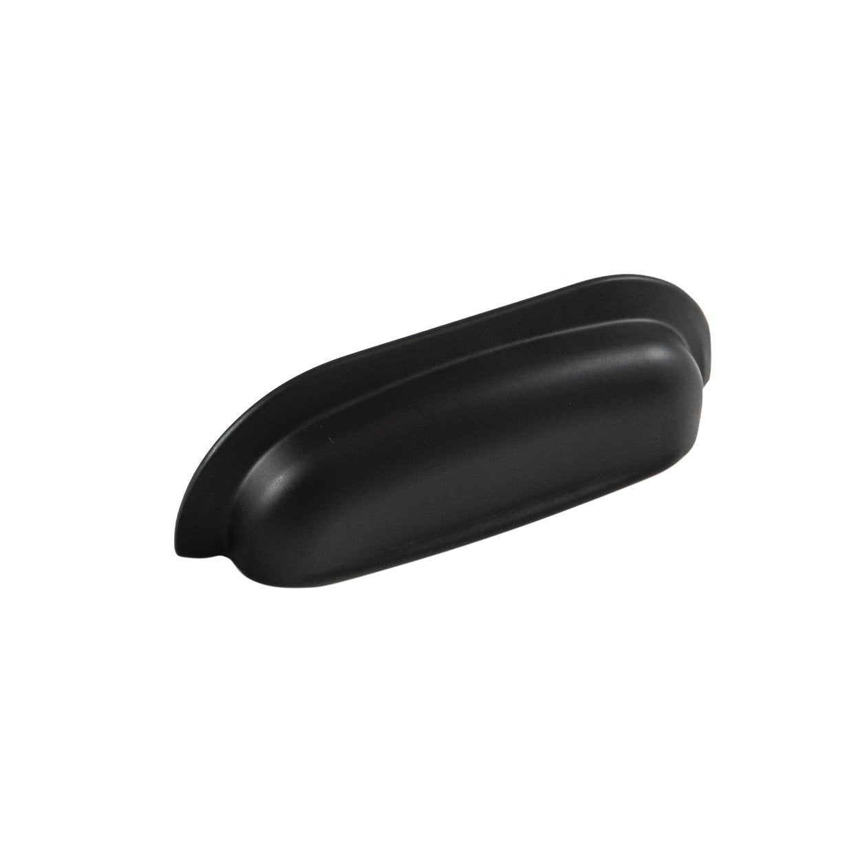 Momo New Hampton wide cup pull handle in black finish, showcasing its sleek, curved design for furniture hardware.
