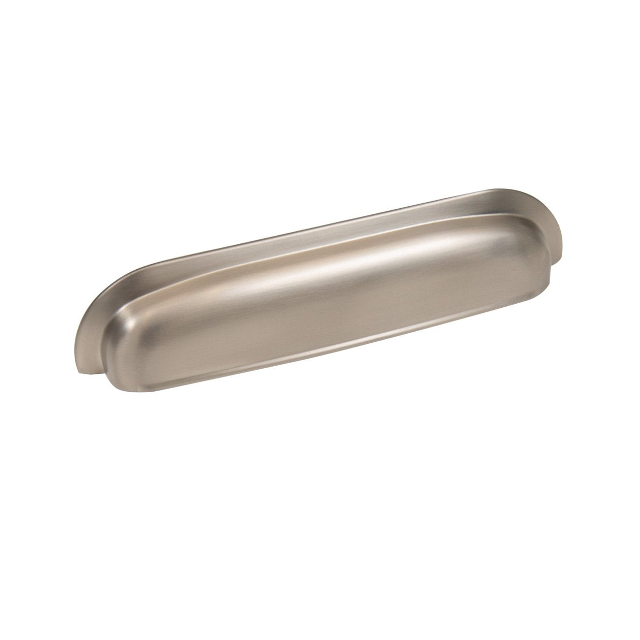 Momo New Hampton large cup pull handle in dark bronze finish, mounted on a wooden surface for furniture or cabinetry.
