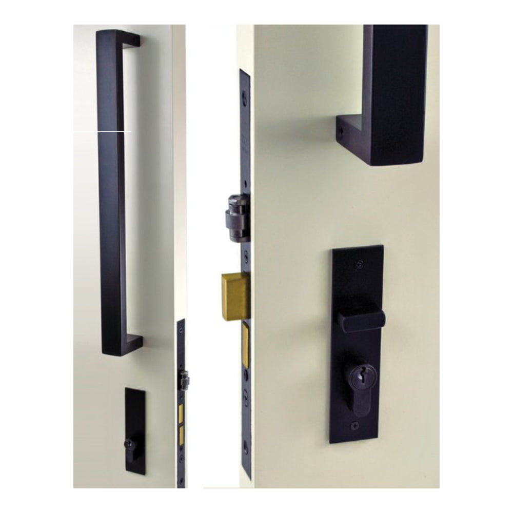 OZI-3-Combos - Right Hand BL inside plate 120x30x3mm outside plate 120x30x3mm Pull handle set 400mm Std striker kit Order extended striker for pivot doors in Matt Black
