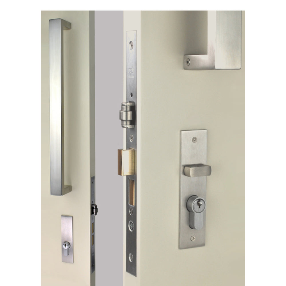 OZI-3-Combos - Right Hand SS inside plate 120x30x3mm outside plate 120x30x3mm Pull handle set 400mm Std striker kit Order extended striker for pivot doors in Satin Stainless