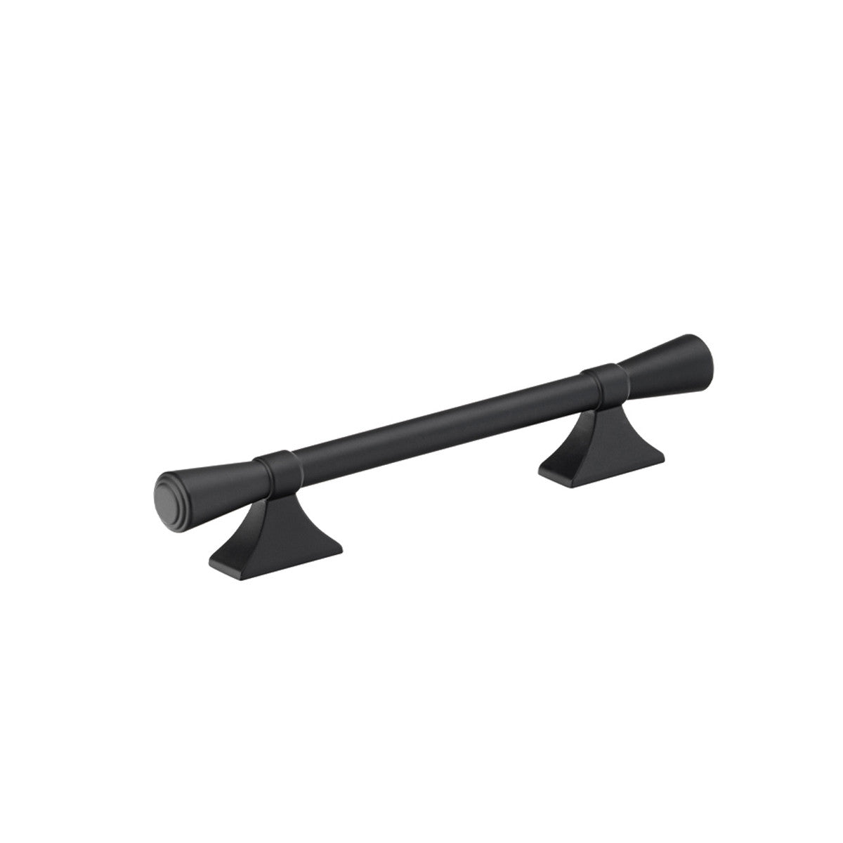 Momo Pembrey cabinet pull handle in black with sleek, modern design, mounted on a wooden cabinet door.