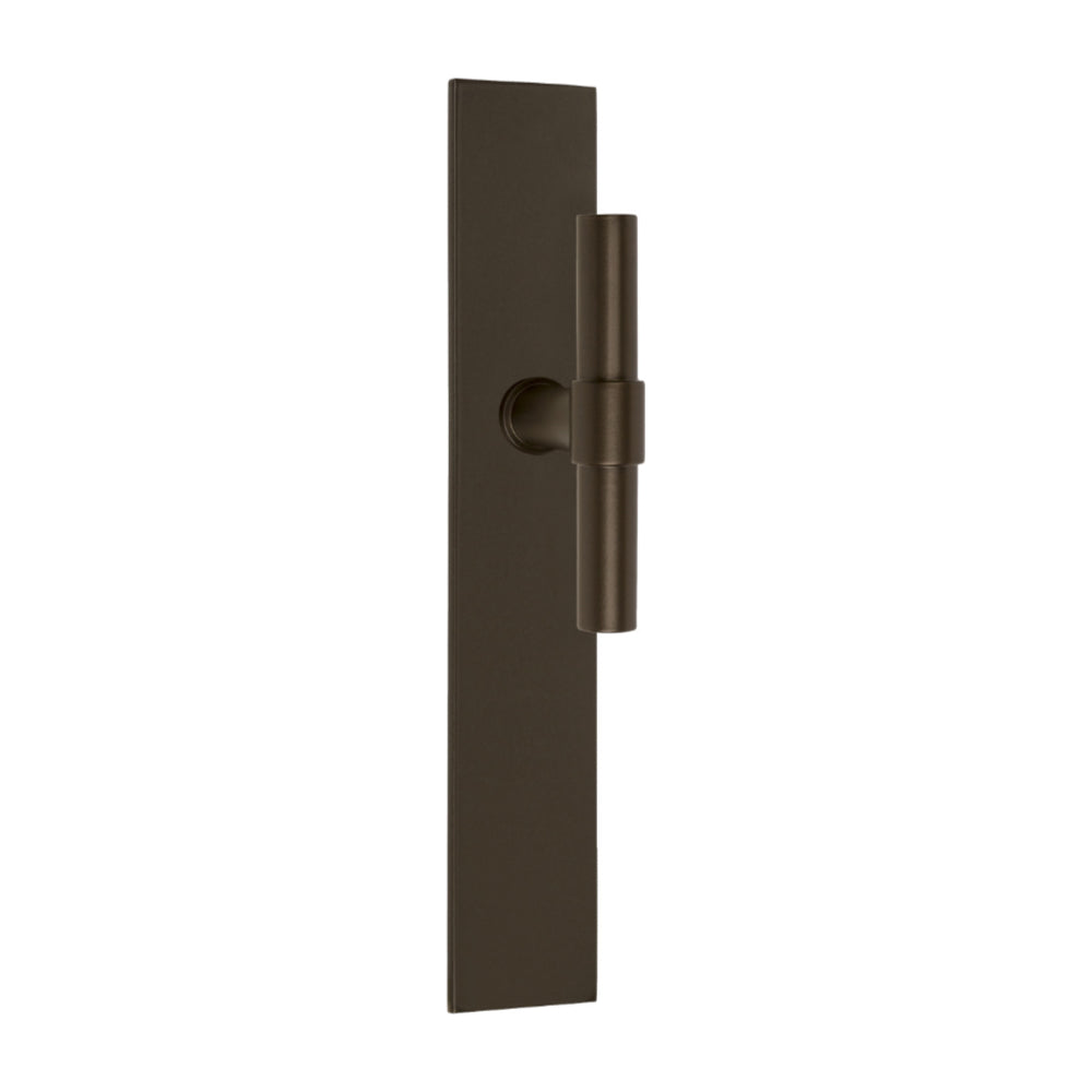 Pair of Formani ONE T-Lever 15Ø on rectangular backplates, sleek modern door handles in brushed finish.