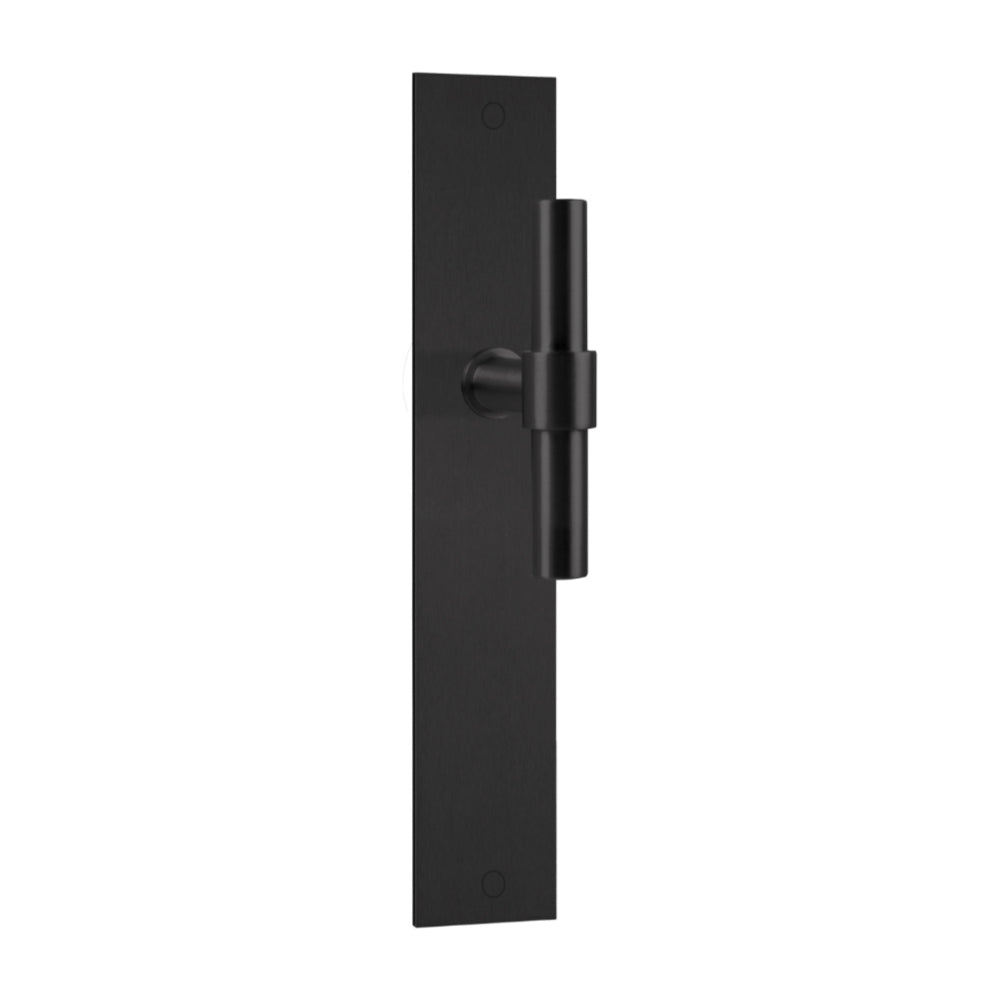 Pair of Formani ONE T-Lever door handles with 15mm diameter on rectangular backplates, shown in a sleek, modern design.