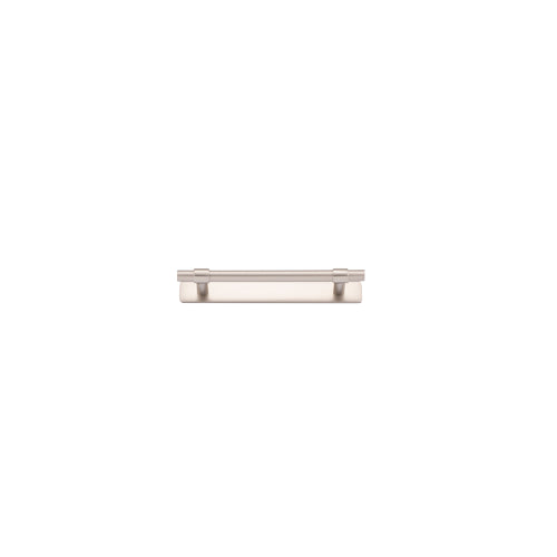 Iver Helsinki cabinet pull with backplate, modern brushed nickel hardware for kitchen or bathroom cabinets.