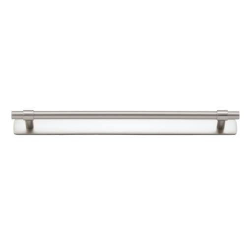 Iver Helsinki Cabinet Pull with backplate, modern hardware handle in brushed metal finish for kitchen or bathroom cabinets.