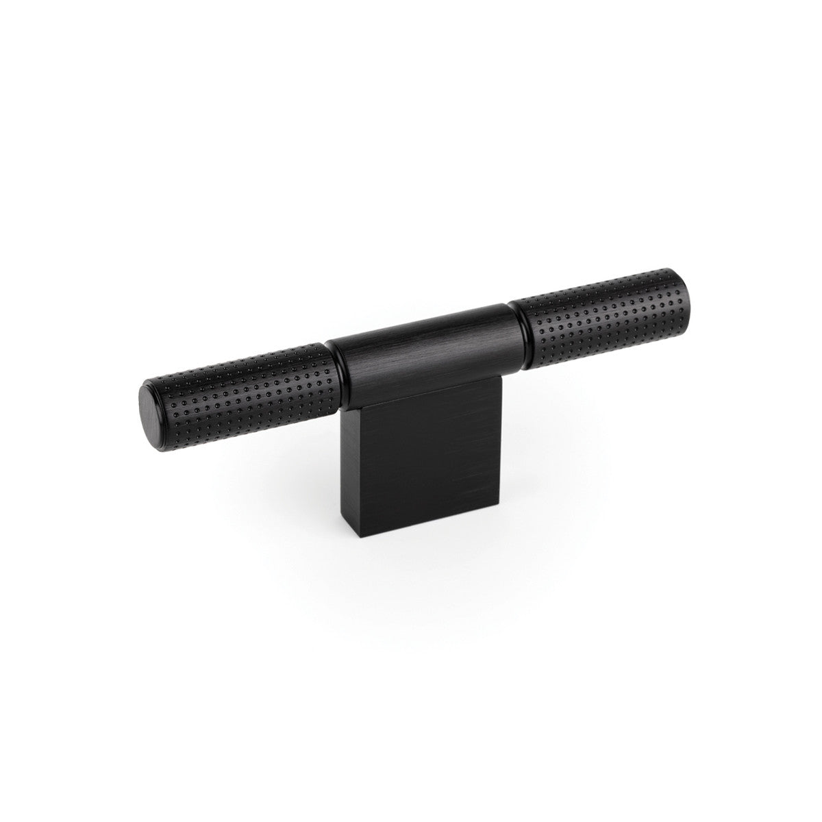 Momo POINT Cabinet T-Pull handle in black, with sleek modern design, mounted on a wooden cabinet surface.