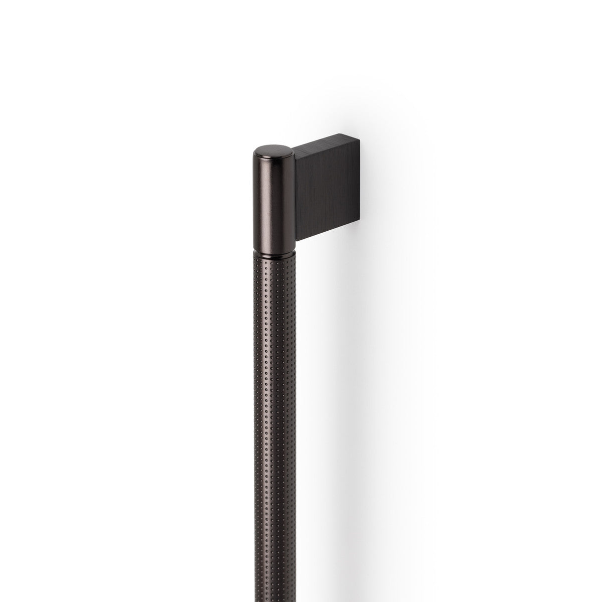 Momo POINT long cabinet pull handle in matte black finish, sleek modern design, mounted on a cabinet door.