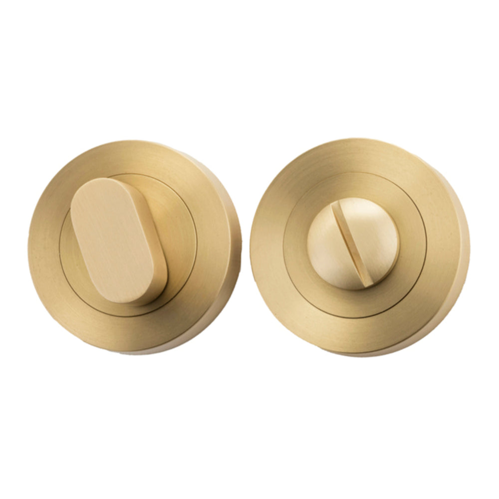 Iver Privacy Set in round design, architectural hardware with latch and handle for bathroom or bedroom privacy.