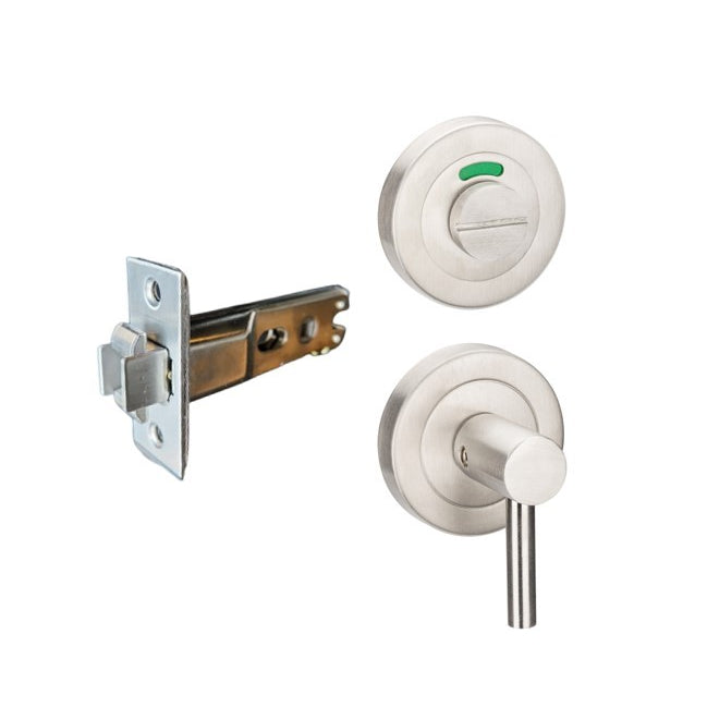 Zanda sliding door privacy lock kit with silver finish, designed for disabled compliant bathroom or bedroom doors, includes lock and hardware.