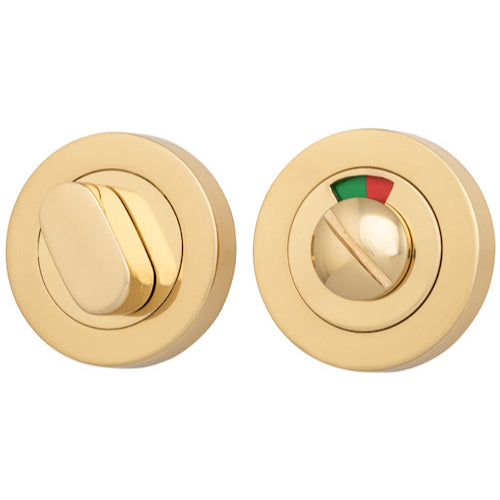 Iver Privacy Set with Indicator, round architectural hardware for bathroom or bedroom doors, in sleek metallic finish.