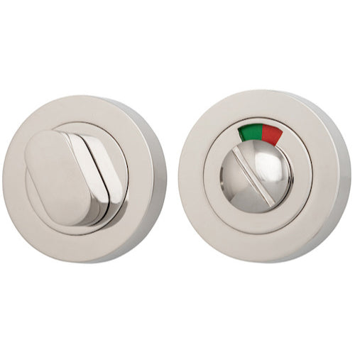 Iver Privacy Set with Indicator, round architectural hardware for bathroom or office doors, featuring sleek design and privacy indicator.