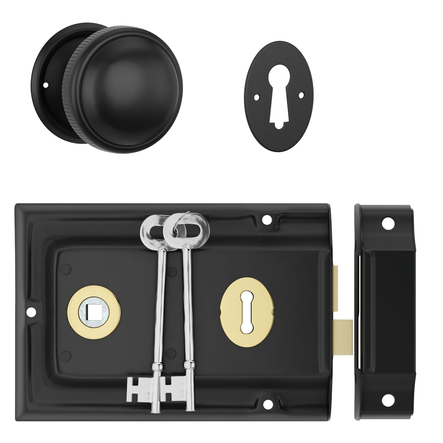 Door Knob Milled Edge Matt Black 45mm & Rim Lock MB/PB Set in Matt Black / Polished Brass