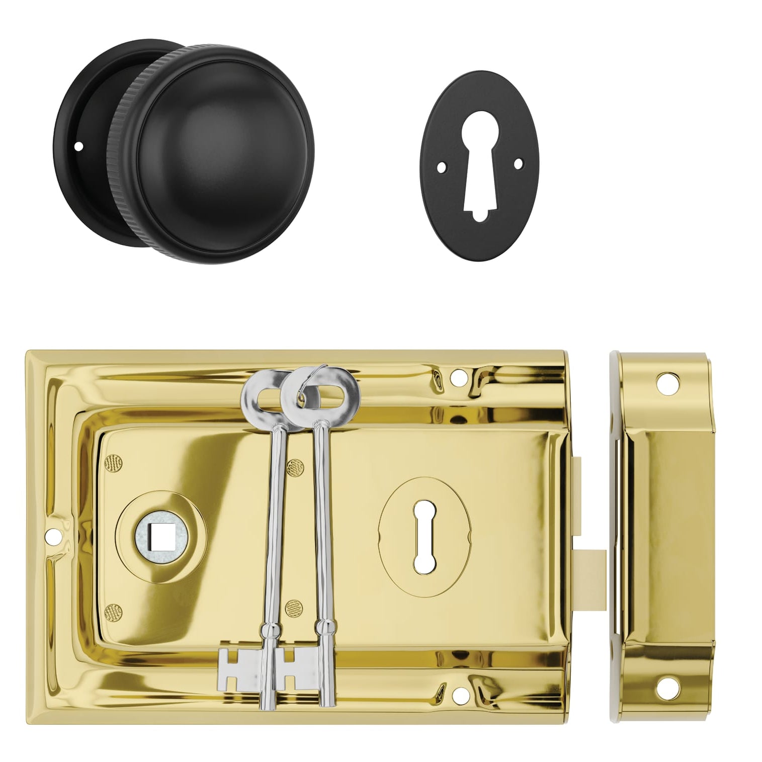 Door Knob Milled Edge Matt Black 45mm & Rim Lock PB Set in Polished Brass