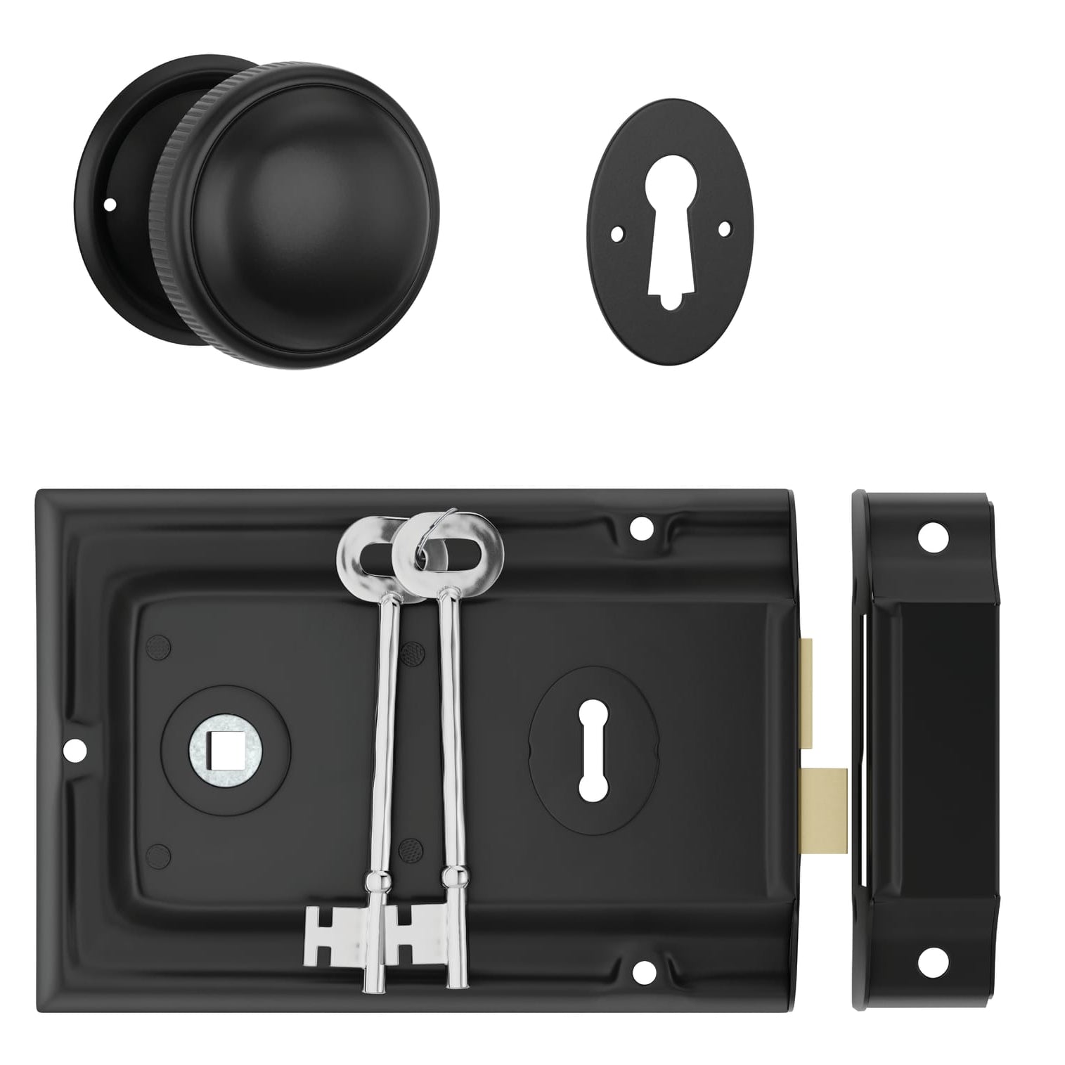 Door Knob Milled Edge Matt Black 45mm & Rim Lock MB Set in Matt Black