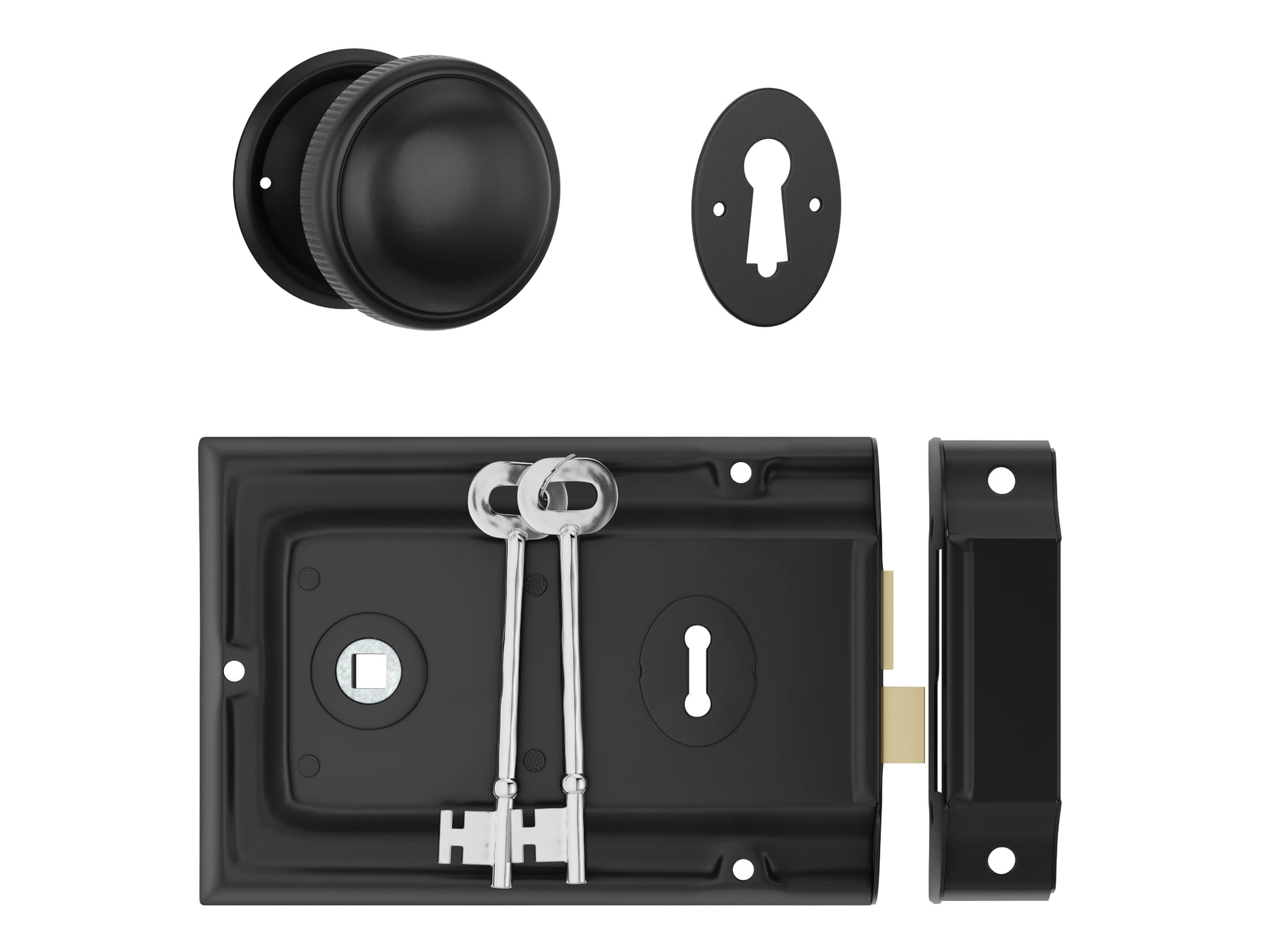 Door Knob Milled Edge Matt Black 45mm & Rim Lock MB Set in Matt Black