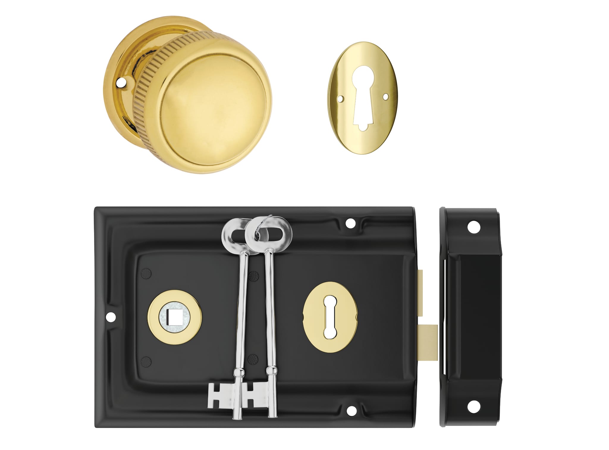 Door Knob Milled Edge Polished Brass 45mm & Rim Lock MB/PB Set in Matt Black / Polished Brass