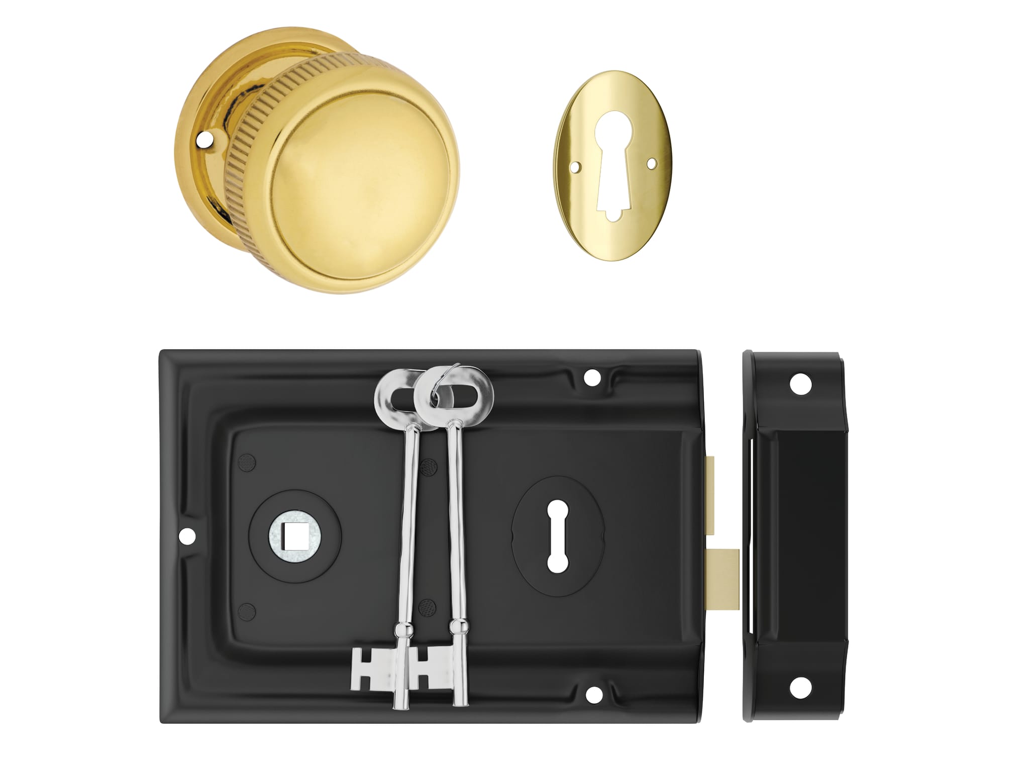 Door Knob Milled Edge Polished Brass 45mm & Rim Lock MB Set in Matt Black