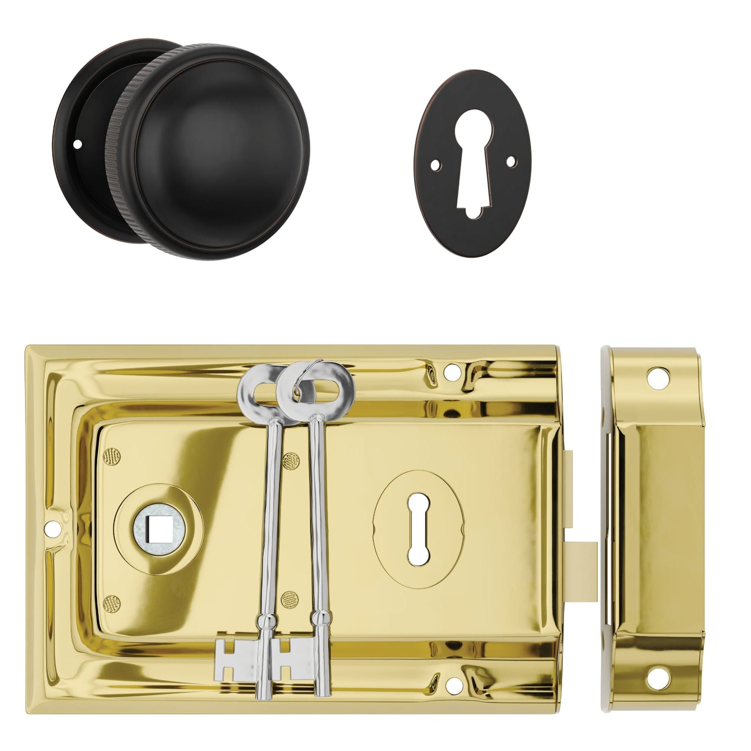 Door Knob Milled Edge Antique Copper 45mm & Rim Lock PB Set in Antique Copper
