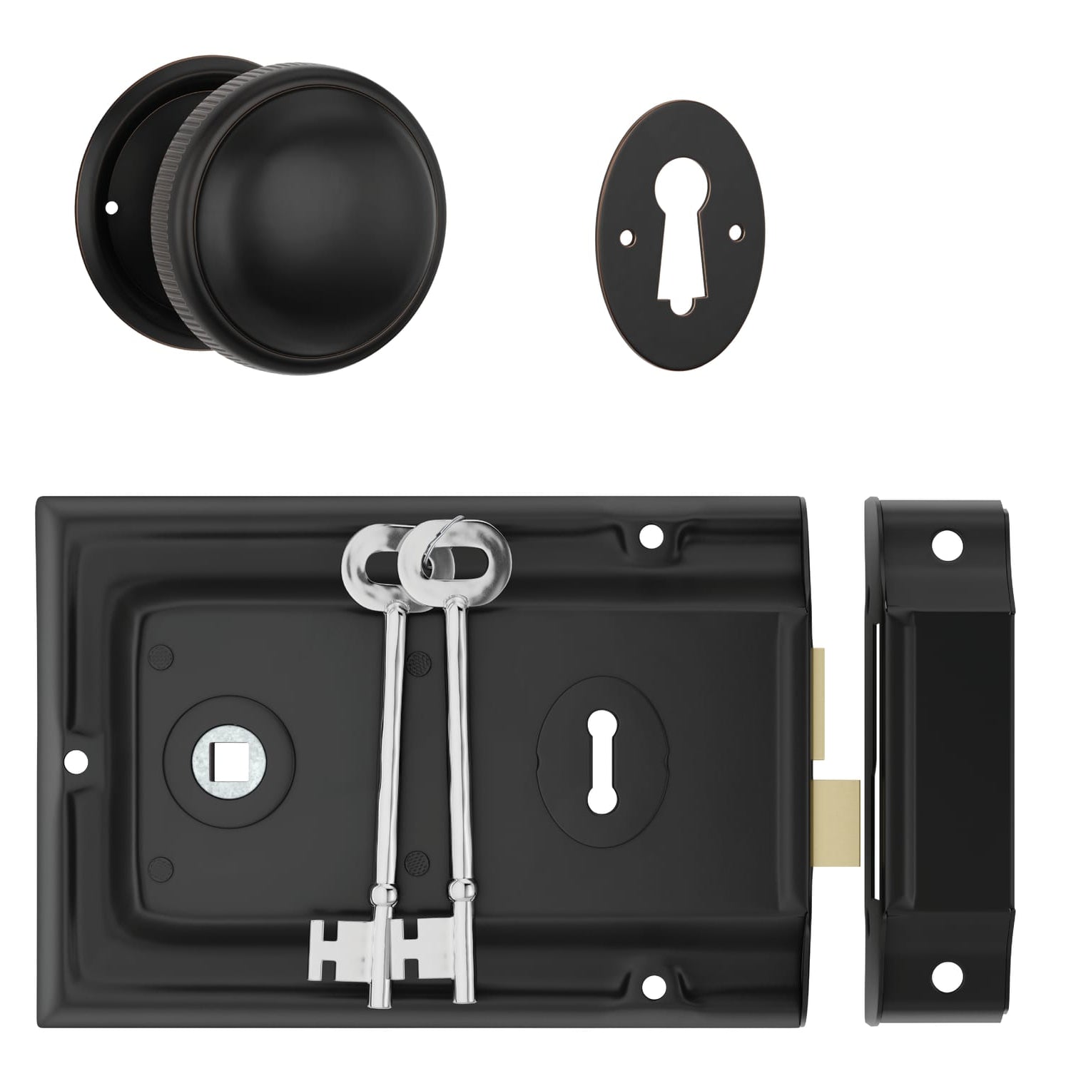 Tradco Milled Edged Mortice Knob and Rim Lock Set with matching keyhole escutcheon, polished metal finish, and traditional design.