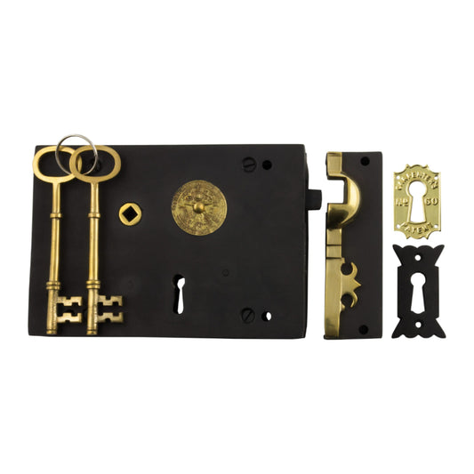 Rim Lock Carpenters Left Hand Unlacquered Brass Matt Black H120xW150mm Backset 93mm in Matt Black