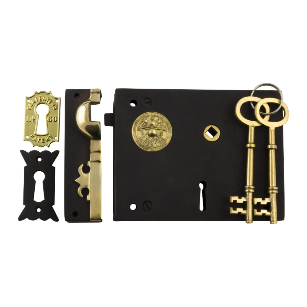 Rim Lock Carpenters Right Hand Unlacquered Brass Matt Black H128xW182mm Backset 116mm in Matt Black