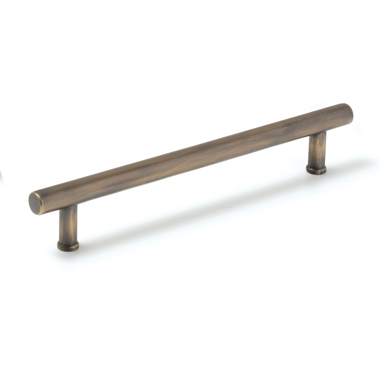 Momo STRANO cabinet pull handle with brushed aluminum finish, sleek modern design, mounted on a wood cabinet door.