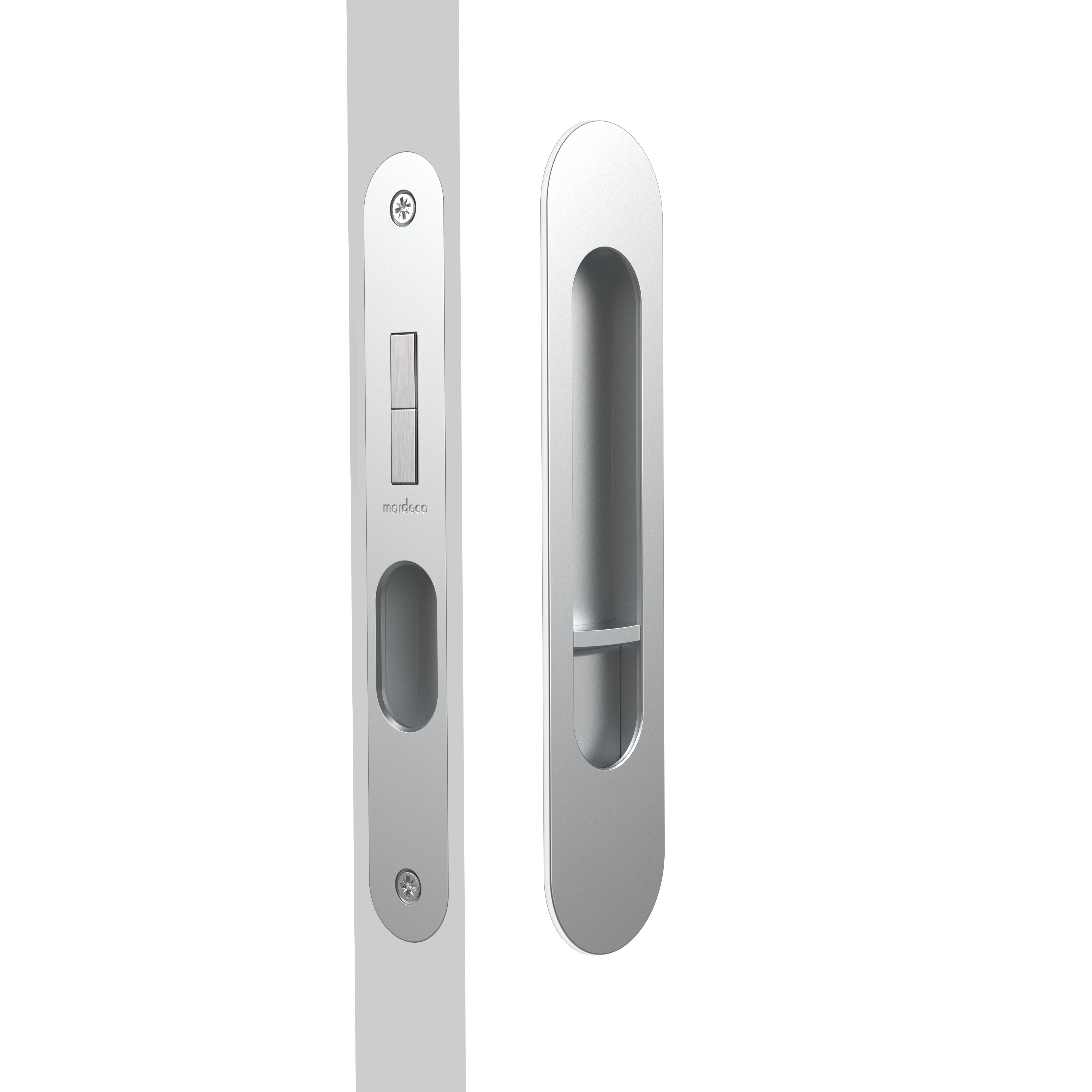Mardeco Radius Flush Pull Privacy Set with 35mm backset, featuring sleek round design and polished finish for bathroom or door use.