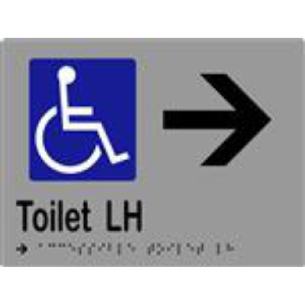 Accessible toilet sign with arrow and Braille, laminated vinyl, 200x150mm, designed by Style Finish Design Pty Ltd.
