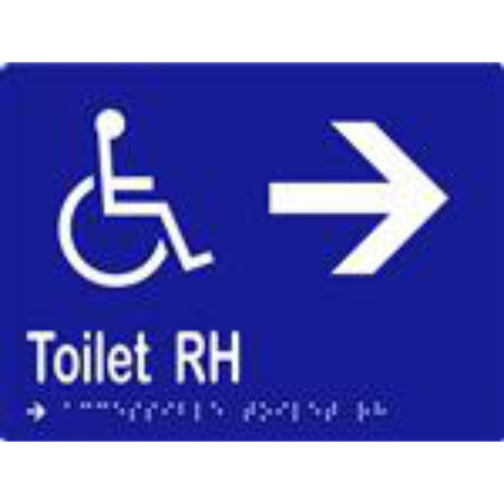 Accessible toilet sign with Braille and arrow, laminated vinyl, 200x150mm, by Style Finish Design Pty Ltd.