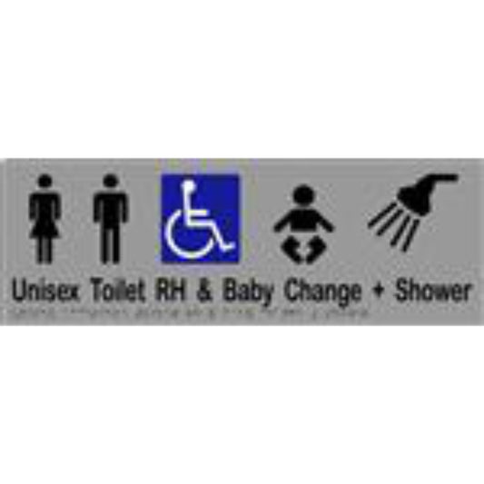Unisex Accessible Toilet RH, Shower & Baby Change Sign with Braille, Laminated Vinyl 430x150 Silver Over Black in Silver