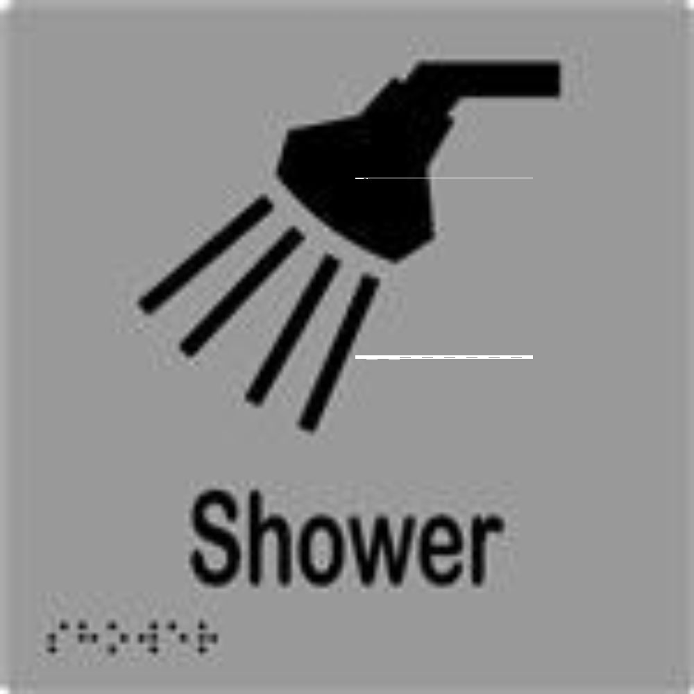Shower Sign with Braille, Laminated Vinyl 150x150 Silver Over Black in Silver