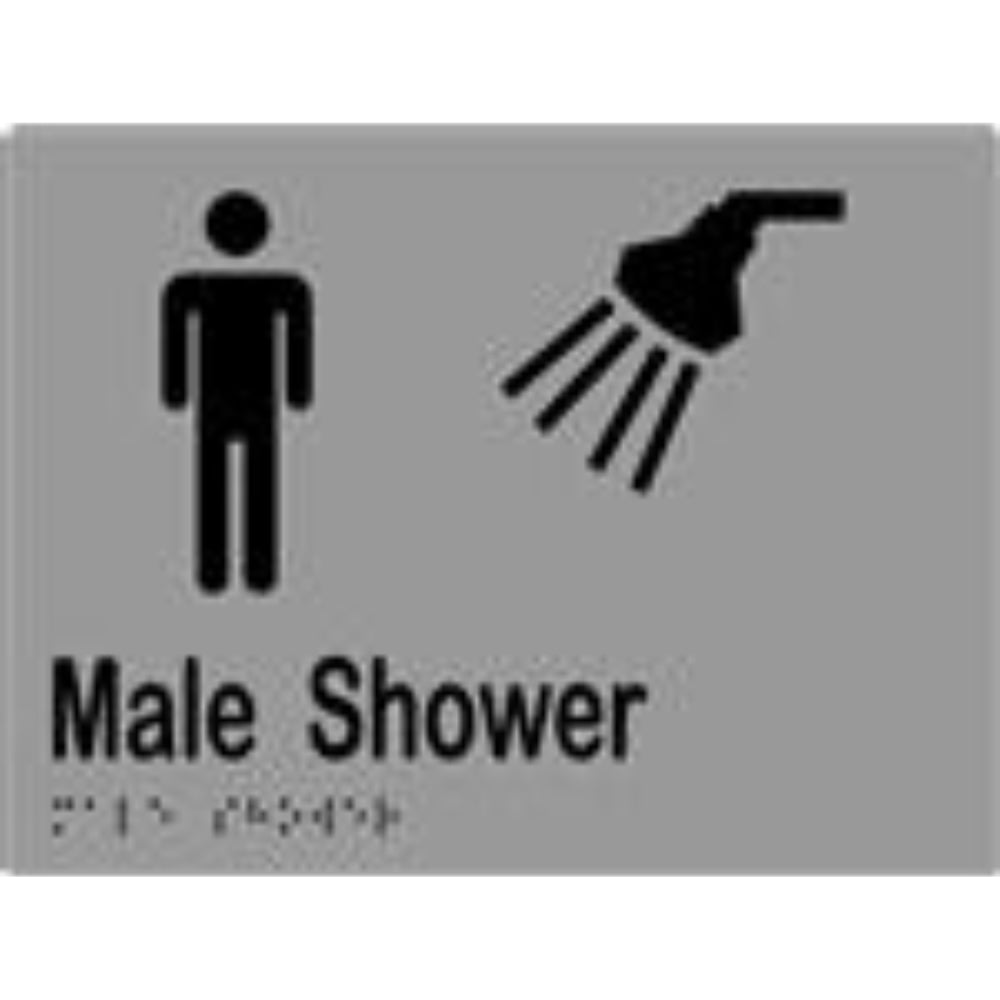 Male Shower Sign with Braille, Laminated Vinyl 200x150 Silver Over Black in Silver
