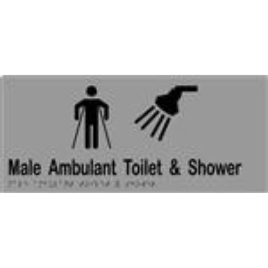 Male Ambulant Toilet & Shower Sign with Braille, Laminated Vinyl 340x150 Silver Over Black in Silver