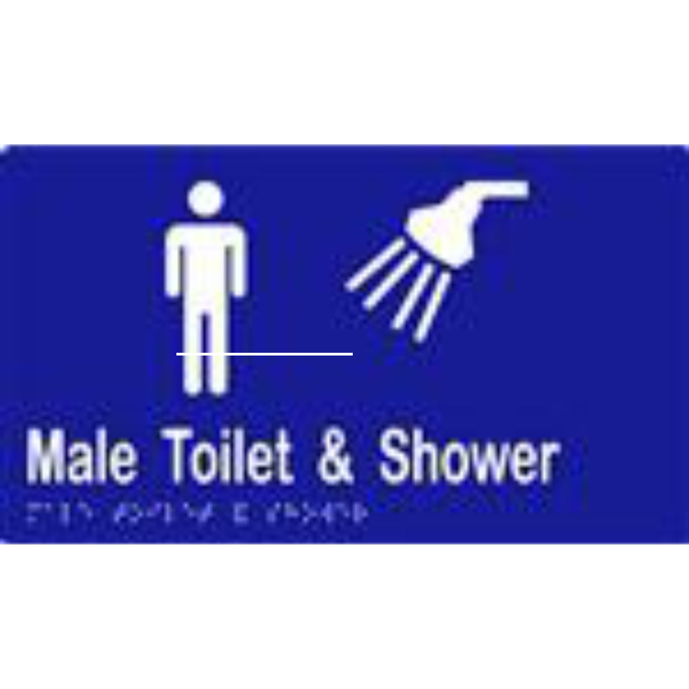 Male toilet and shower sign with braille, laminated vinyl, 260x150mm, for accessibility and clear identification.