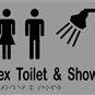 Unisex Toilet & Shower Sign with Braille, Laminated Vinyl 260x150 Silver Over Black in Silver