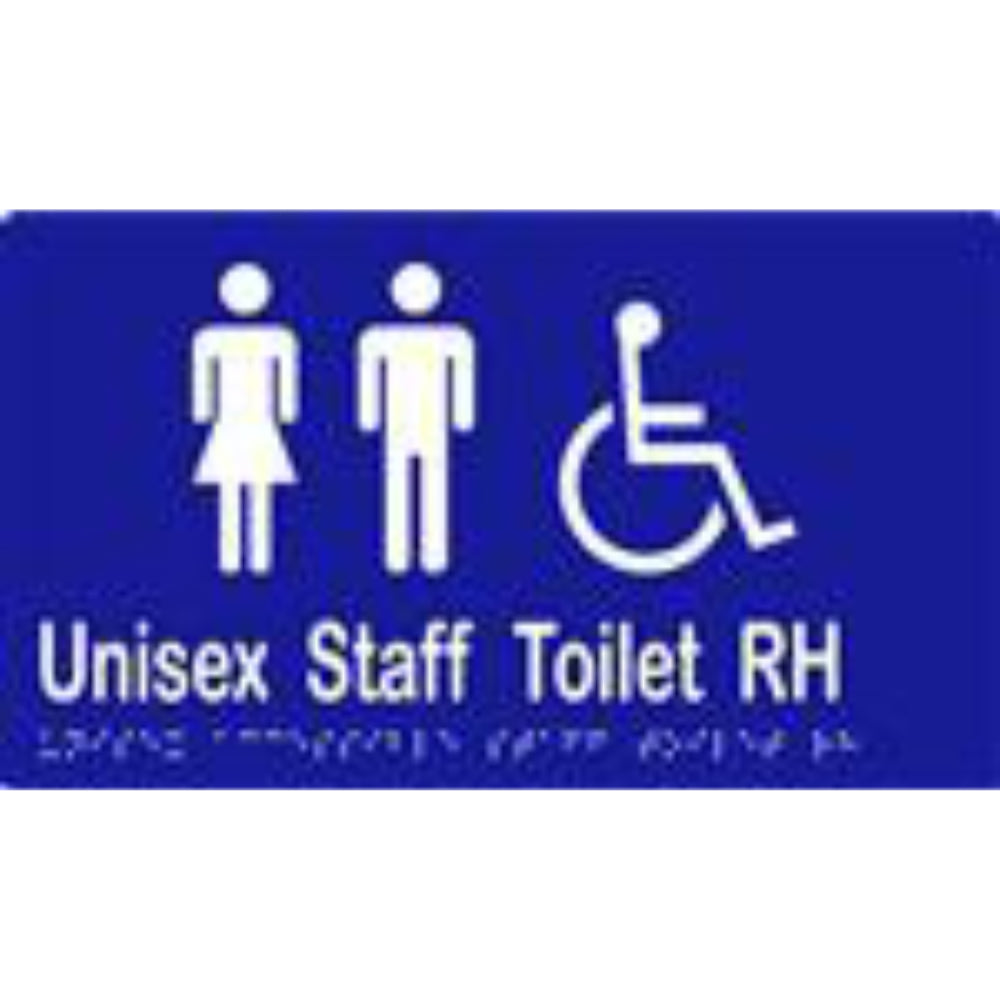 Unisex accessible staff toilet sign with braille, laminated vinyl, in white with black text and symbols, 260x150 mm.
